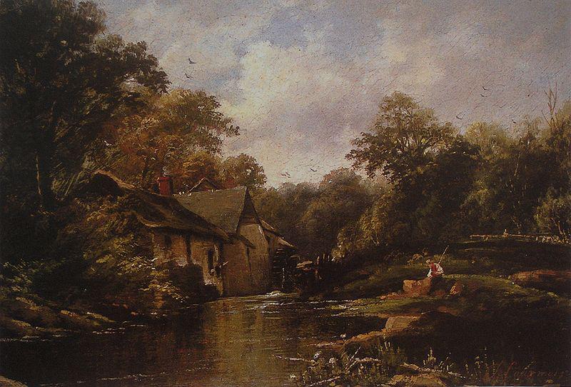 Theodore Fourmois Watermill in the Ardennes with angler Sweden oil painting art